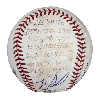 1991 Lee Smith Game Used/Signed Career Save #275 Baseball Used on 05/10/91 (Smith LOA)